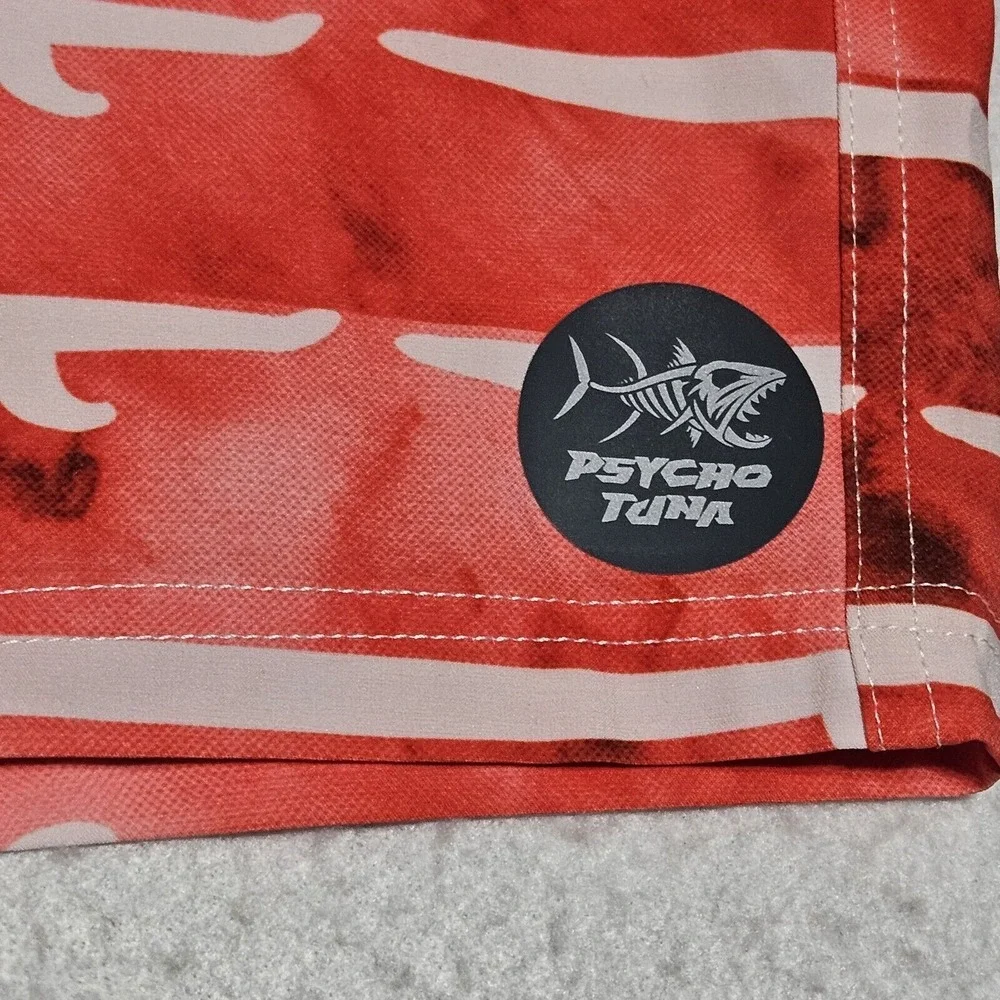 Psycho Tuna Mens Board Shorts Sz 34 Red‎ White Blue USA Surf Board Swim Trunks